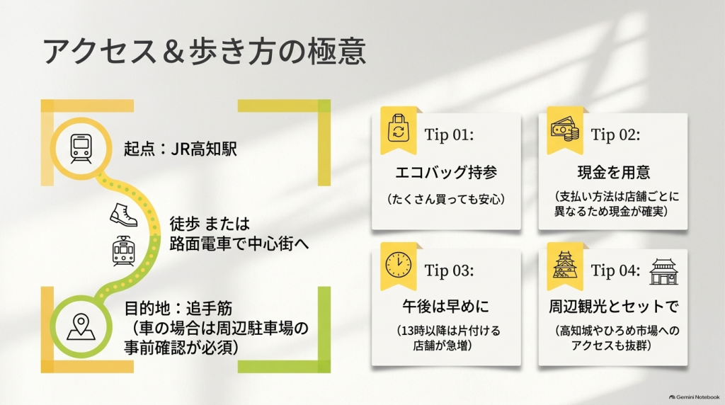 JR高知駅からのアクセス方法や、エコバッグ・現金の準備、早めの訪問、周辺観光地との組み合わせなど歩き方のコツをまとめたスライド。