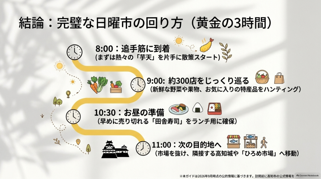 8:00に追手筋に到着し、芋天を片手に散策、10:30に田舎寿司を確保して11:00に周辺観光へ向かう、完璧な日曜市の回り方のタイムスケジュール。