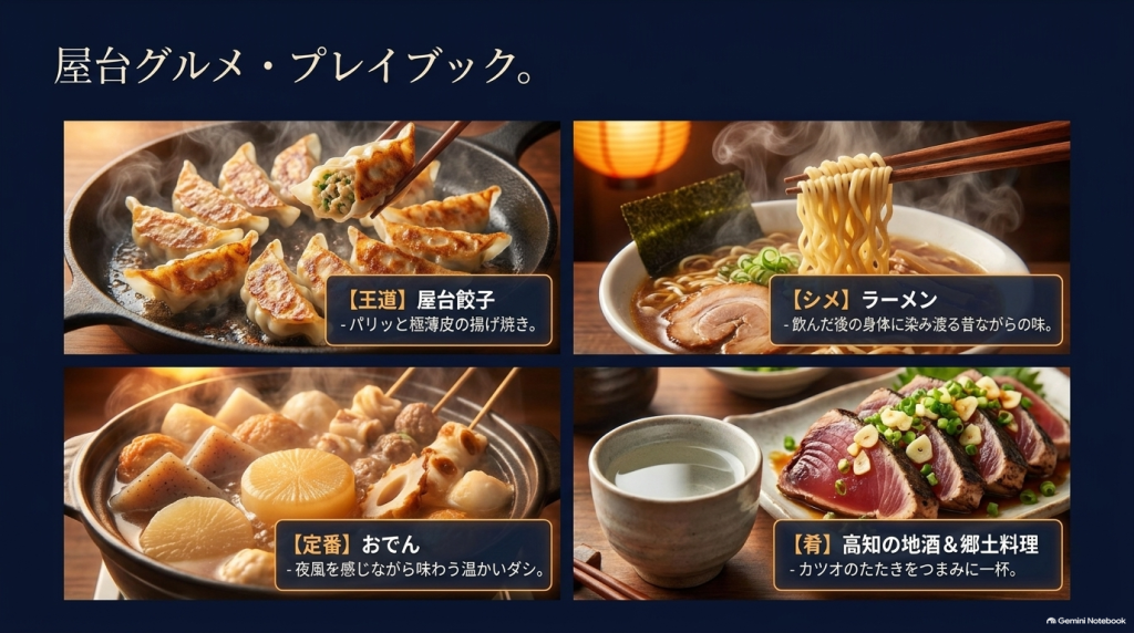 餃子、ラーメン、おでん、地酒＆郷土料理という、高知の屋台で絶対に味わいたい4大グルメをまとめたプレイブック。