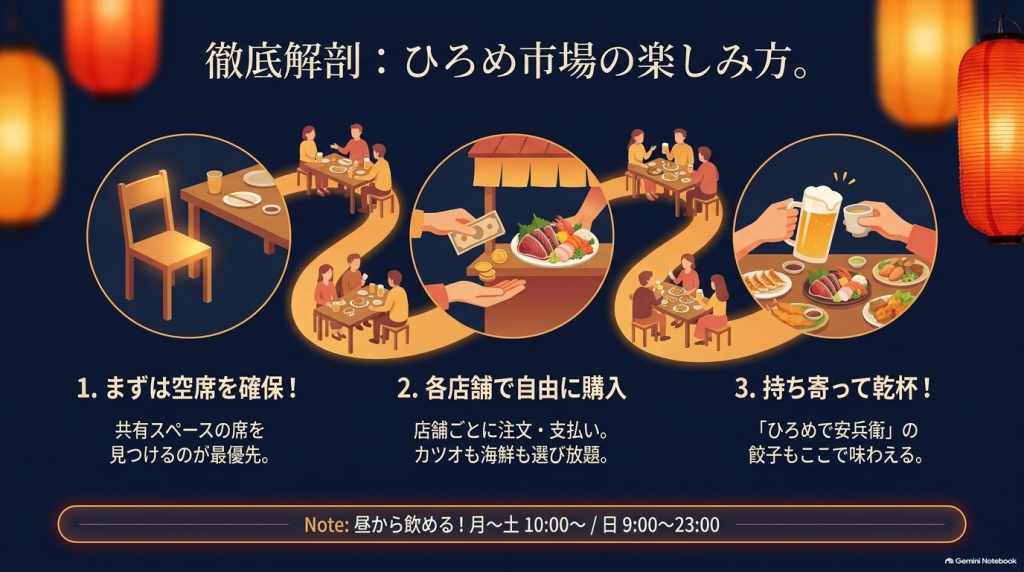 「席の確保」「各店舗で自由に購入」「持ち寄って乾杯」という、ひろめ市場をスマートに楽しむための3ステップを解説したスライド。