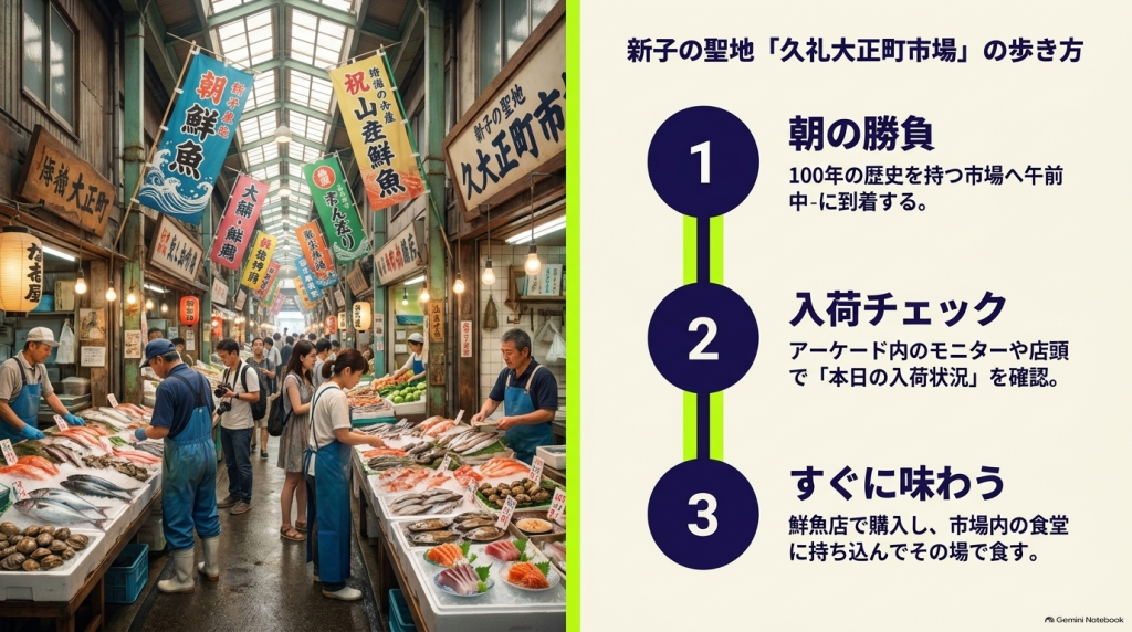 刺身の聖地「久礼大正町市場」の歩き方（朝の勝負、入荷チェック、すぐに味わう）の3ステップ解説スライド