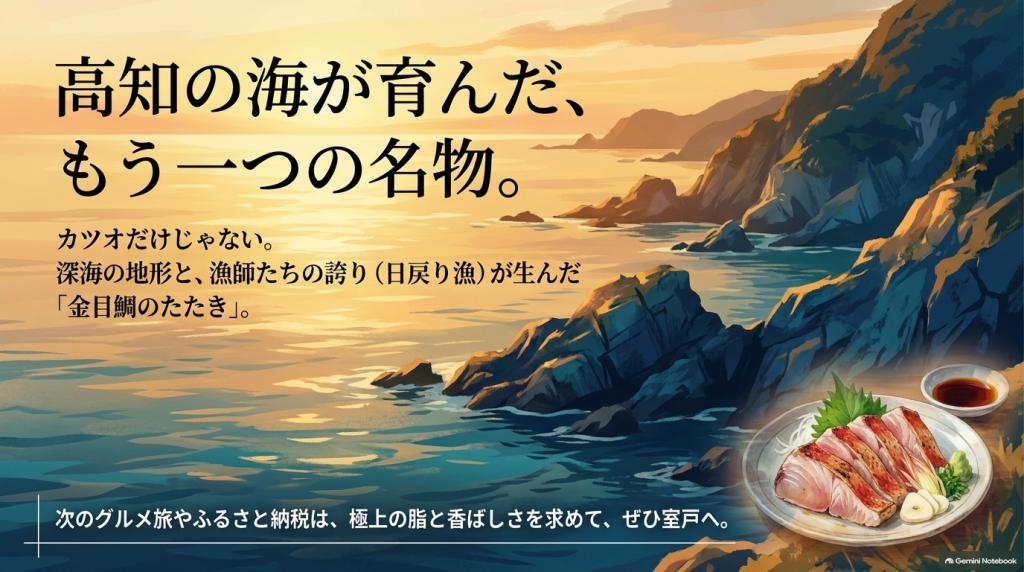 室戸の金目鯛のたたきの魅力と次の旅を誘うまとめのメッセージスライド