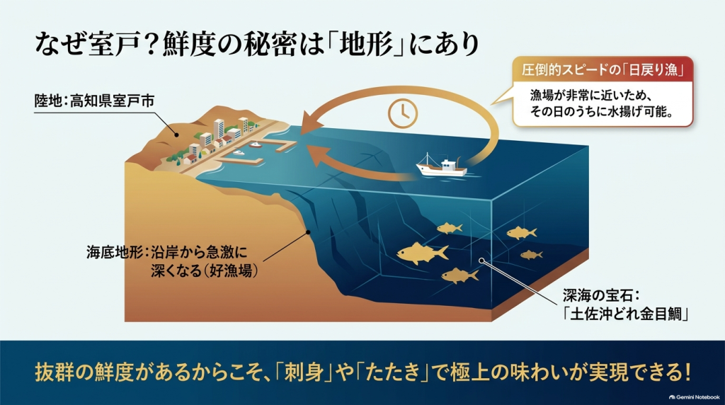 室戸の急深な海底地形と日戻り漁による鮮度の秘密を解説した図解スライド