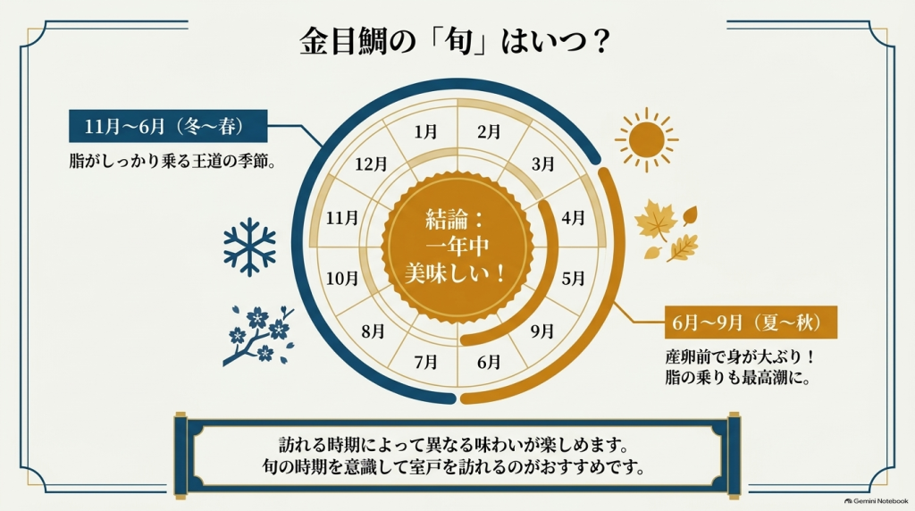 11月から6月（冬〜春）と6月から9月（夏〜秋）の旬の時期を解説したカレンダー型の図解スライド