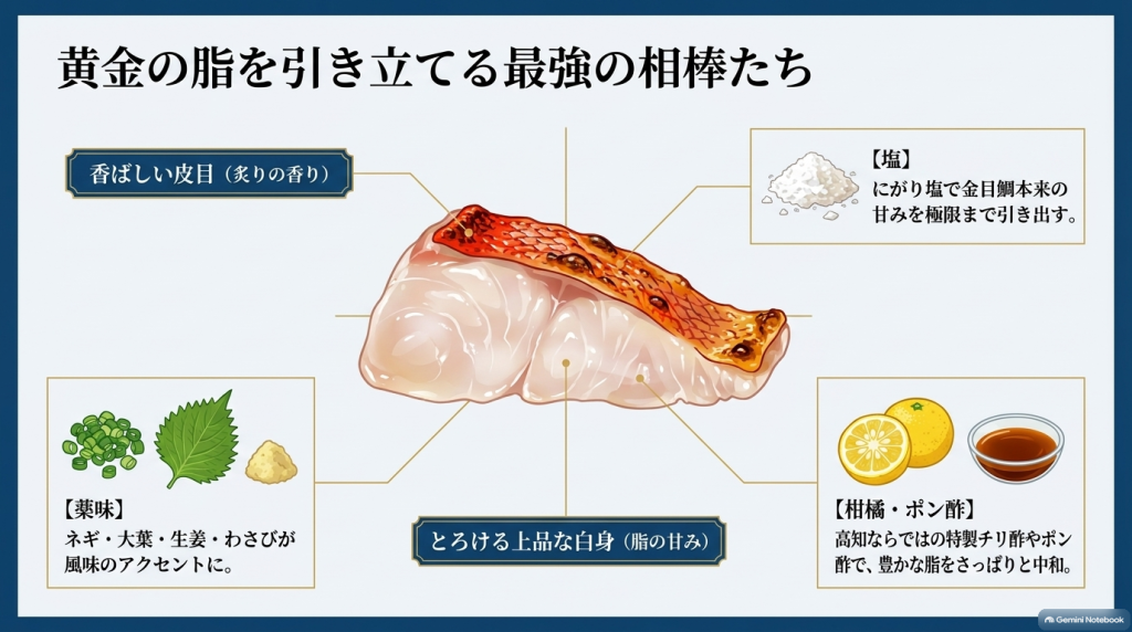 薬味、塩、柑橘・ポン酢など金目鯛のたたきを引き立てる食べ方の解説スライド