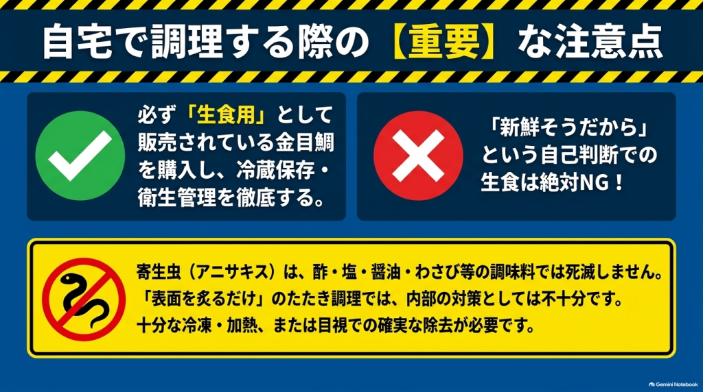 生食時の衛生管理やアニサキス対策に関する重要な注意事項をまとめたスライド