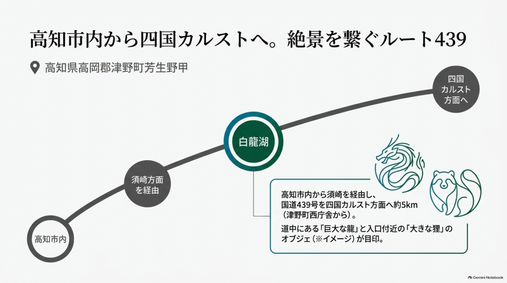 高知市内から須崎方面を経由し、国道439号を四国カルスト方面へ向かうアクセスルートと目印（巨大な龍や大きな狸のオブジェ）の解説図