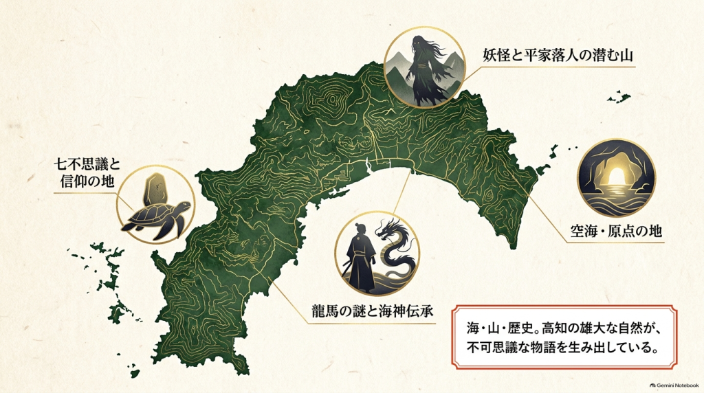 七不思議、空海、妖怪、龍馬など、海・山・歴史のテーマと自然が不可思議な物語を生み出していることを説明するスライド