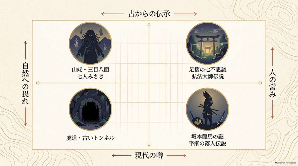 自然への畏れ(山姥・七人みさき)、古からの伝承(七不思議・空海)、現代の噂(廃道・トンネル)、人の営み(龍馬・平家)の4ジャンルに分類した図解スライド