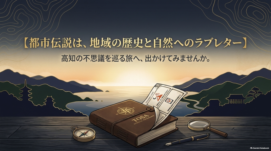 「都市伝説は、地域の歴史と自然へのラブレター」というメッセージが書かれたエンディングスライド