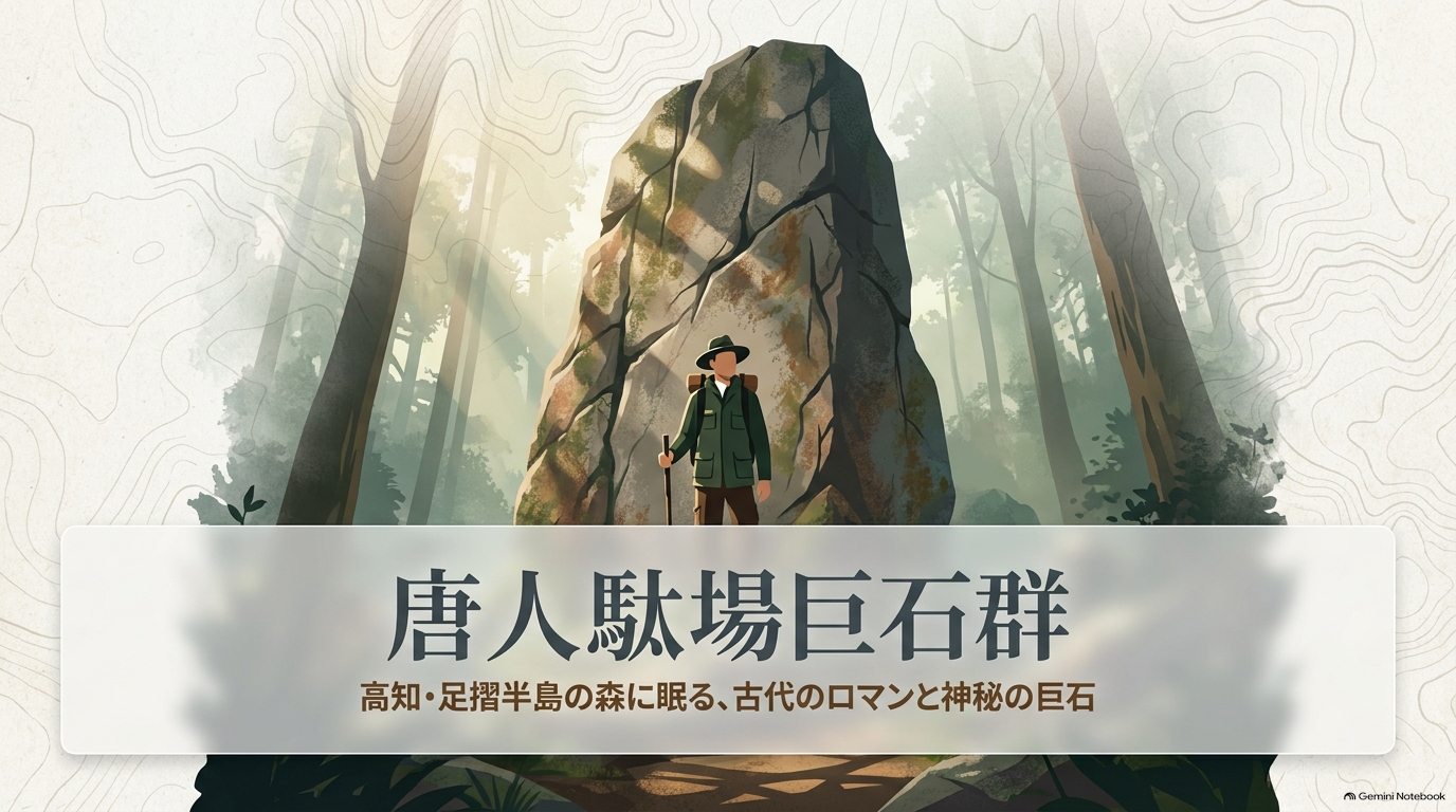 森の中にそびえ立つ巨石と土器のイラストが描かれた、唐人駄場巨石群を紹介する表紙スライド