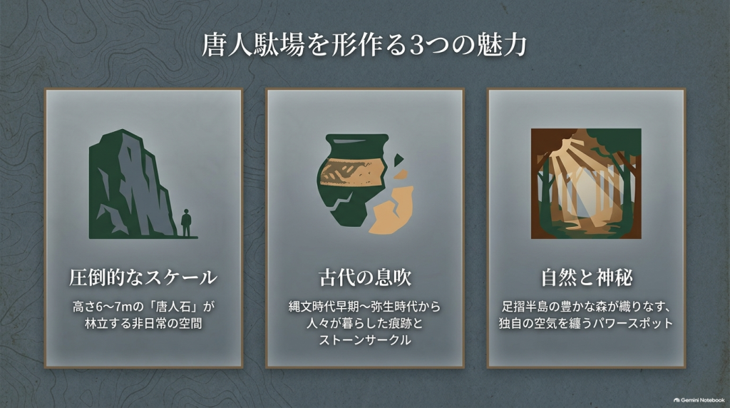 唐人駄場巨石群の魅力である「圧倒的なスケール」「古代の息吹」「自然と神秘」の3要素をまとめたスライド