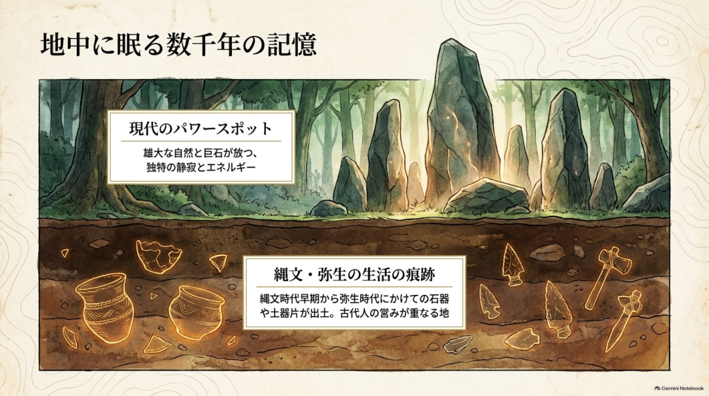 現代のパワースポットとしての側面と、縄文・弥生時代の生活の痕跡を解説したスライド