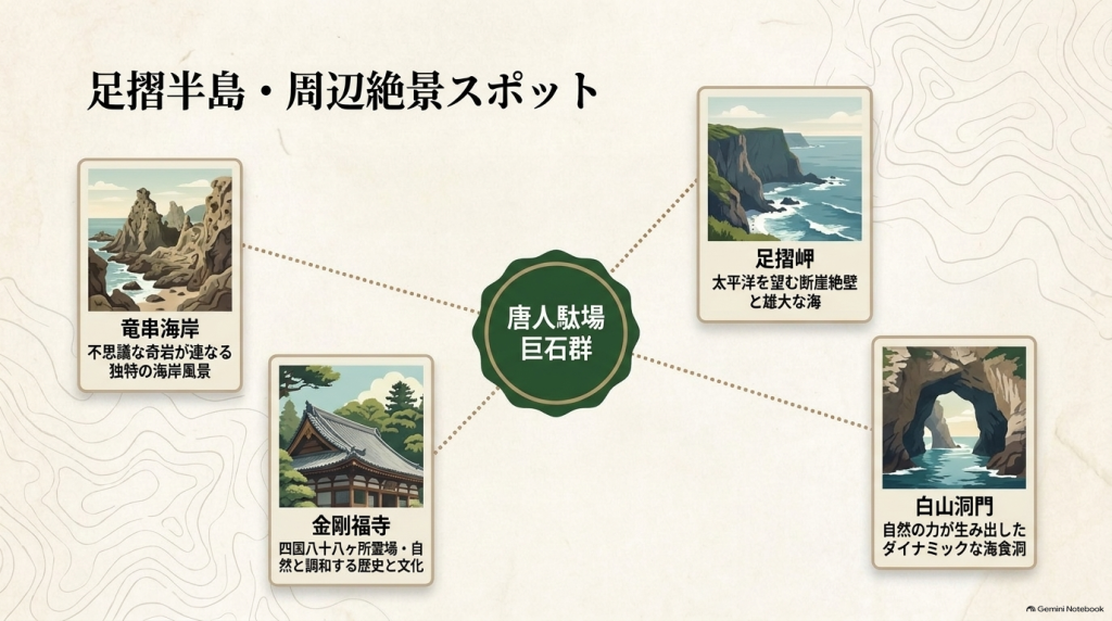 竜串海岸、唐人駄場巨石群、足摺岬、金剛福寺、白山洞門といった周辺の絶景・観光スポットを配置したマップスライド