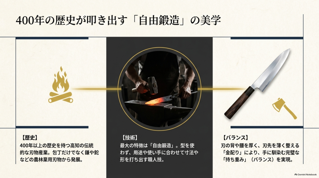 土佐打刃物の400年の歴史、型を使わない自由鍛造の技術、手に馴染む金配りと持ち重みのバランスについて解説したスライド