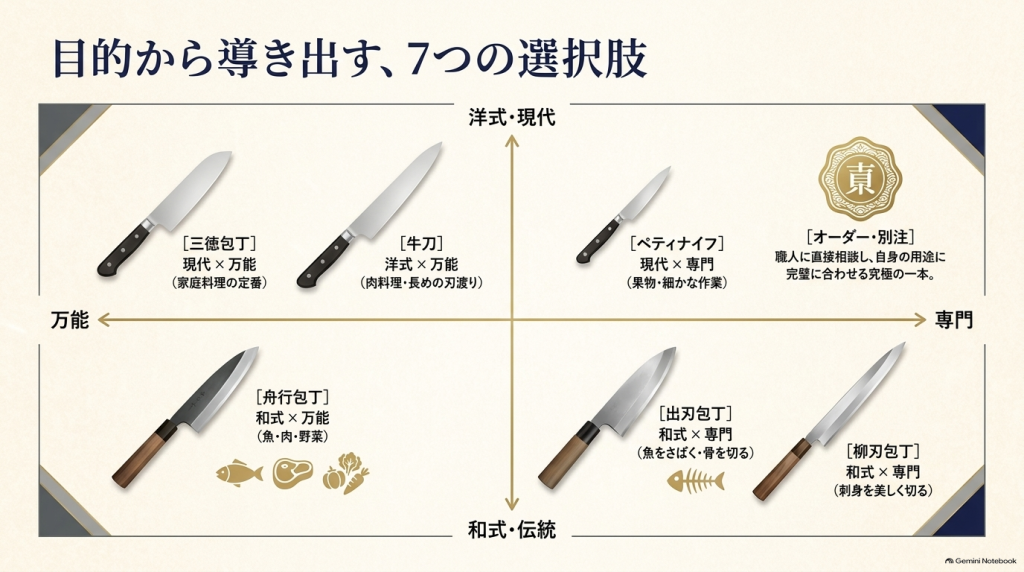 三徳・舟行・牛刀・ペティナイフ・出刃・柳刃・オーダー包丁を「万能/専門」「洋式/和式」の4象限で比較した図解スライド