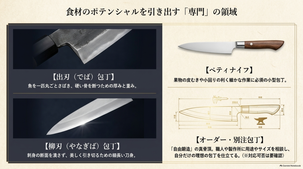 出刃包丁・ペティナイフ・柳刃包丁・オーダー別注包丁の用途と職人の自由鍛造についてまとめたスライド