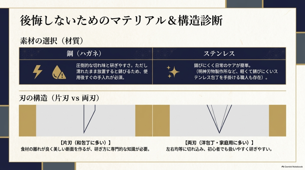 鋼とステンレスの材質の違いと、片刃と両刃の構造的特徴を比較した解説スライド