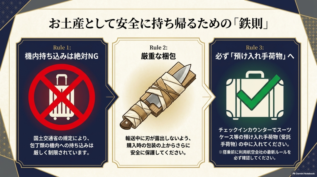 包丁を飛行機で持ち帰る際の注意点(機内持ち込みNG、厳重な梱包、受託手荷物への預け入れ)を解説したスライド