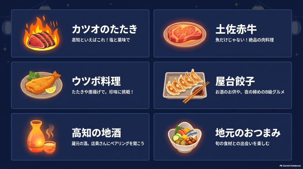 カツオのたたき、土佐赤牛、ウツボ料理、屋台餃子、高知の地酒などの名物やイラストが並ぶスライド画像