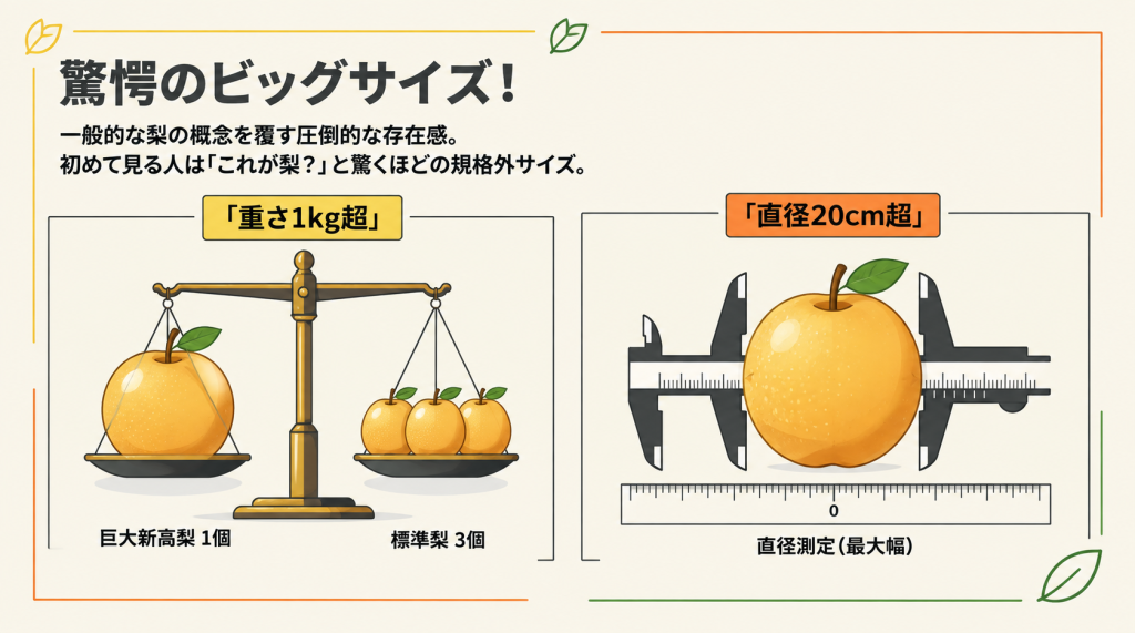 標準的な梨3個分に相当する重さ1kg超の天秤のイラストと、直径20cm超をノギスで測定しているイラスト