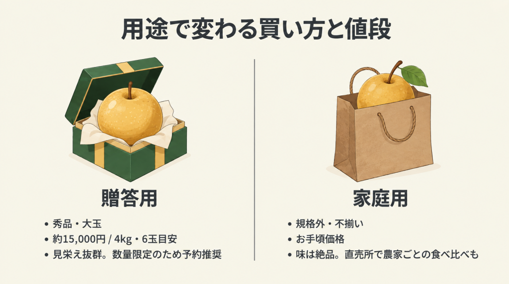 贈答用の化粧箱入り新高梨（秀品・大玉）と、家庭用の紙袋入り新高梨（規格外・手頃な価格）の比較イラスト