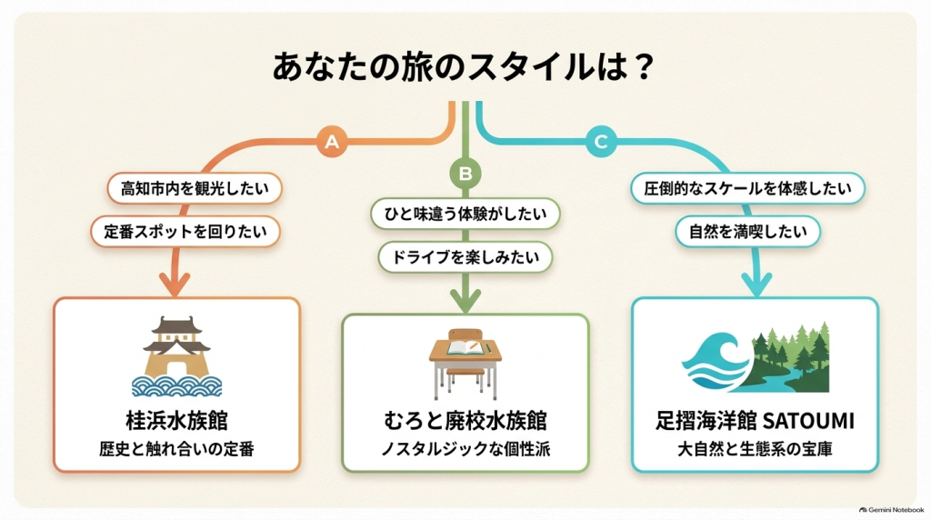 「高知市内を観光したい」「ひと味違う体験がしたい」「圧倒的なスケールを体感したい」といった旅の目的に合わせて最適な水族館が選べるフローチャート 