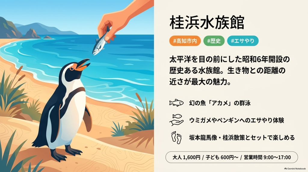 太平洋を背景に、ペンギンにエサやりをするイラストとともに桂浜水族館の見どころをまとめた紹介パネル