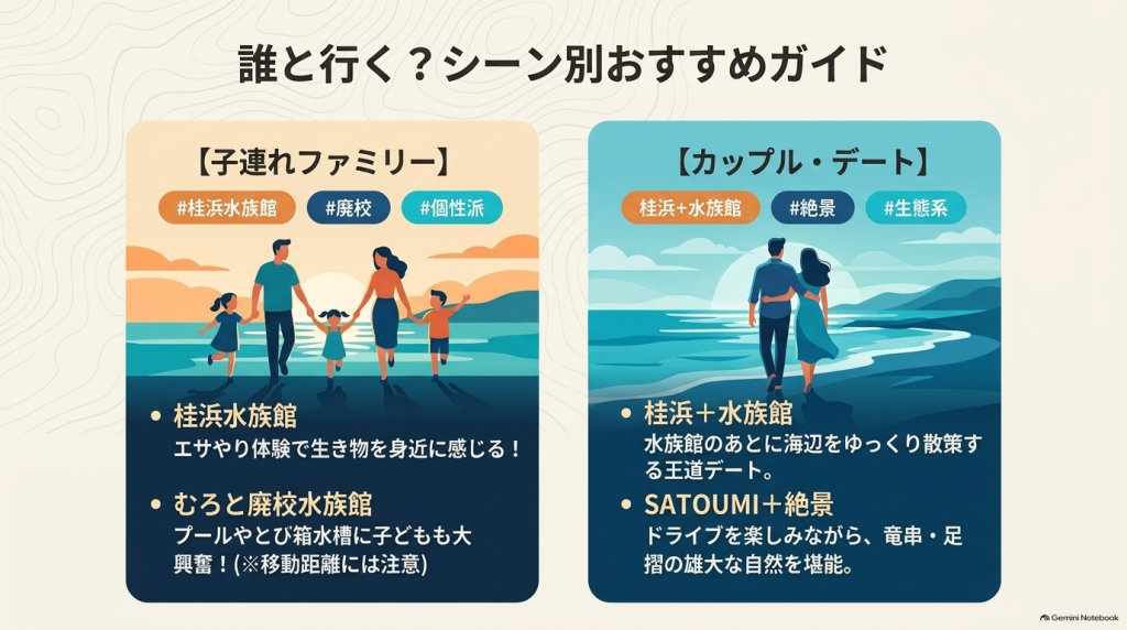 子連れファミリー向け、カップル・デート向けのそれぞれで、どの水族館や周辺観光の組み合わせがおすすめかをまとめたガイド