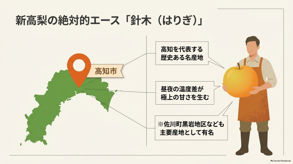 高知市針木地区が昼夜の温度差により極上の甘さを生む新高梨の歴史ある名産地であることを示す図