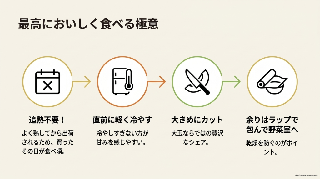 追熟不要で買ったらすぐ食べ頃、直前に軽く冷やす、大きめにカットする、ラップで包んで野菜室で保存するという4つの極意
