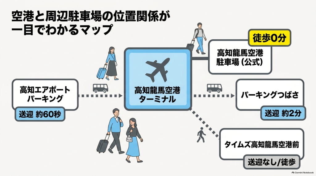 高知龍馬空港ターミナルと、周辺にある公式駐車場・民間駐車場（高知エアポートパーキング、パーキングつばさ、タイムズ高知龍馬空港前）の位置関係を示したマップ
