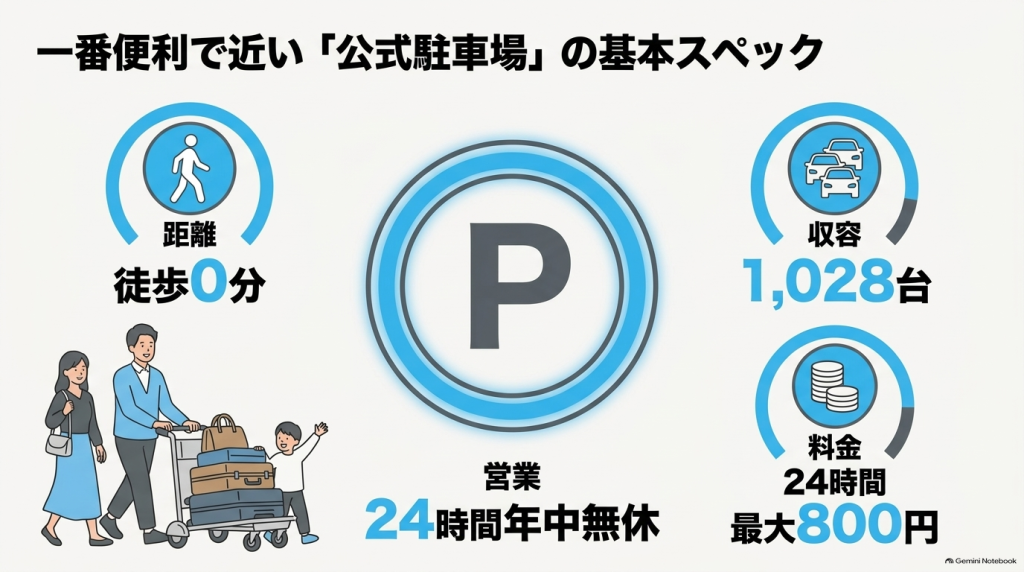 高知龍馬空港公式駐車場の基本スペック（徒歩0分、収容1,028台、24時間年中無休、最大料金800円）のまとめ