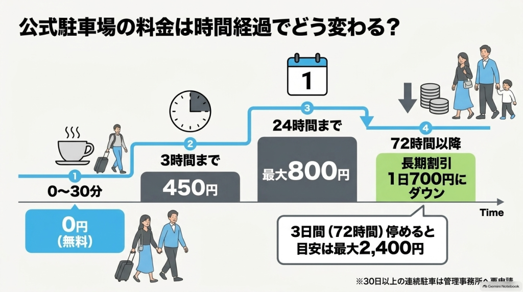 入庫からの時間経過（0〜30分無料、3時間まで450円、24時間まで最大800円、72時間以降は長期割引で1日700円）に伴う料金変動の解説図