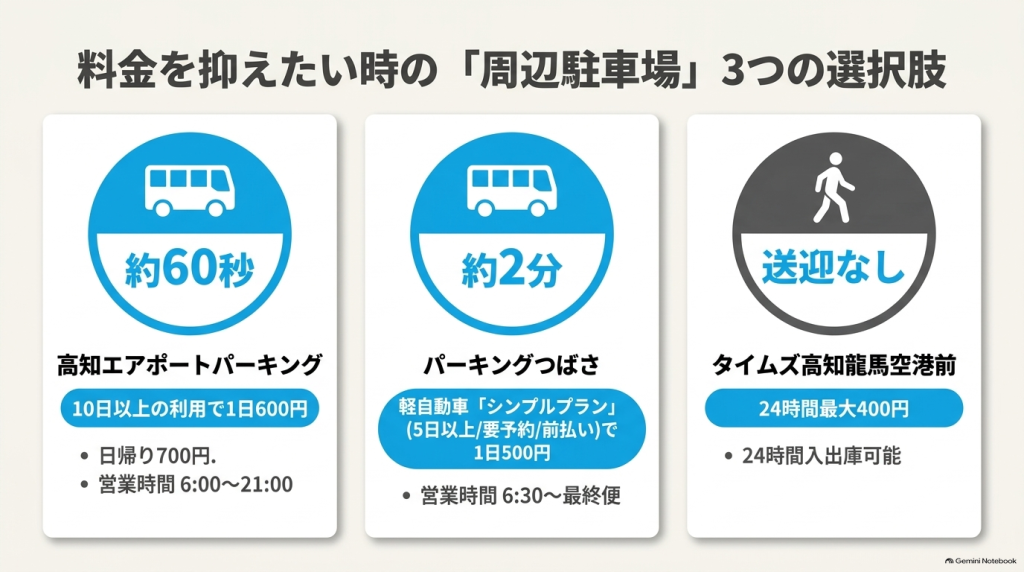 高知エアポートパーキング、パーキングつばさ、タイムズ高知龍馬空港前の特徴や料金、営業時間をまとめた比較図