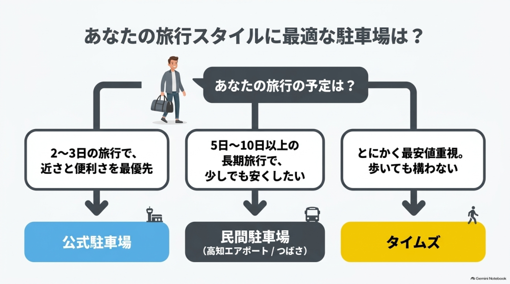 2〜3日の旅行、5〜10日以上の長期旅行、最安値重視など、旅行のスタイルに合わせて最適な駐車場を選ぶための診断チャート