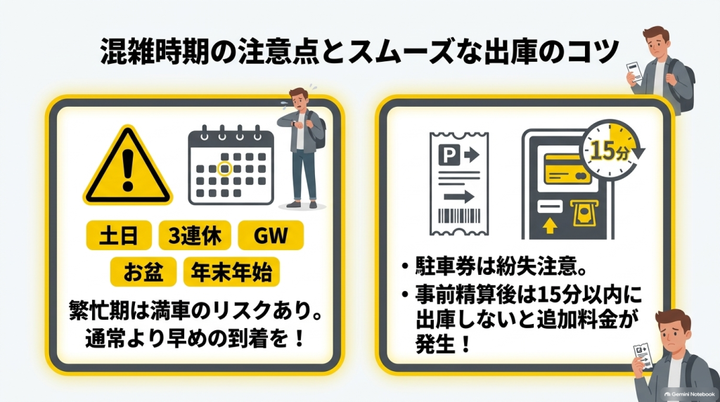 繁忙期の満車リスクや、事前精算後の15分以内出庫の注意点、駐車券の紛失防止に関する解説図