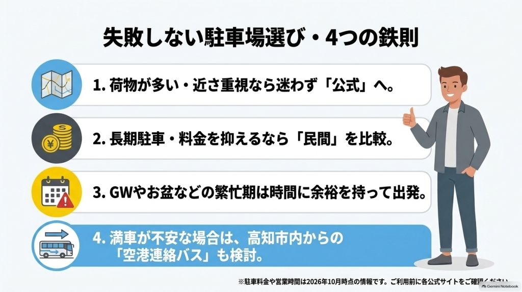 近さ重視なら公式、長期なら民間、繁忙期は早めに出発、不安なら空港連絡バスを検討するという失敗しない駐車場選びの4つの鉄則まとめ