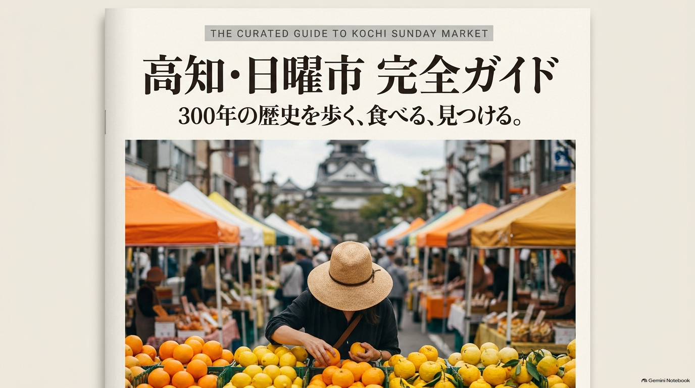 高知城を背景に、オレンジ色のテントが並ぶ日曜市で果物を選ぶ人の様子