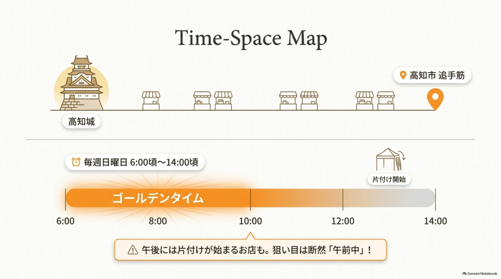 午前6時から午後2時までのタイムスケジュールと、午前中の訪問がおすすめである旨を示した案内図