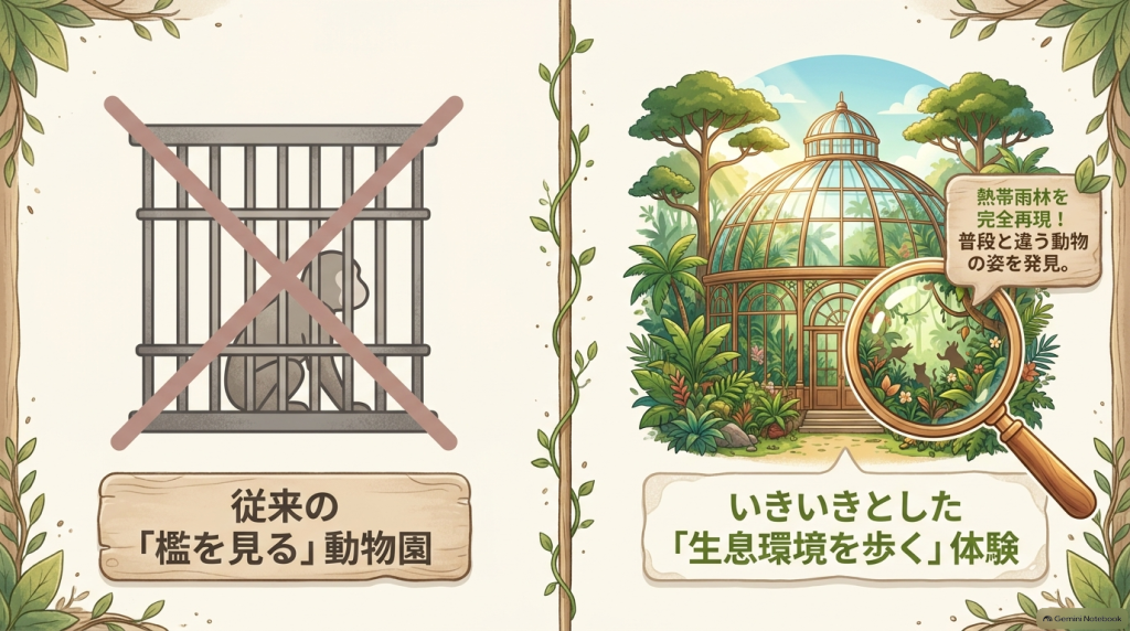 熱帯雨林を完全再現したジャングルミュージアムの紹介。従来の檻を見る動物園とは異なり、生き生きとした生息環境を歩いて体験できることを示すスライド。