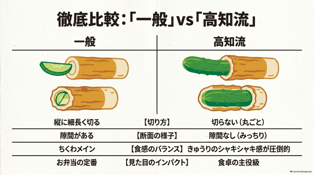 「一般のちくきゅうと高知流ちくきゅうの切り方・断面・食感・見た目を比較した表」