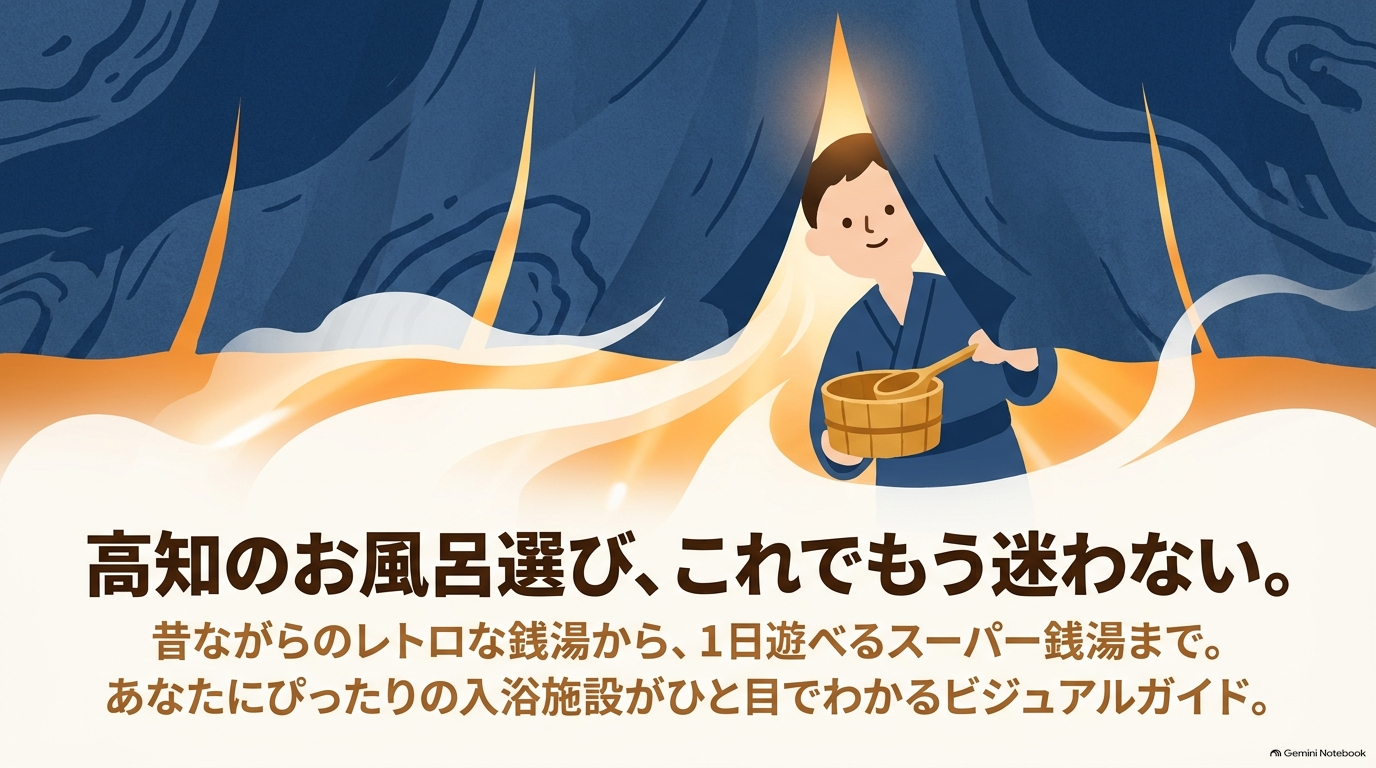 「高知のお風呂選び、これでもう迷わない。昔ながらのレトロな銭湯から、1日遊べるスーパー銭湯まで。」と書かれた、案内イラスト入りの表紙スライド。