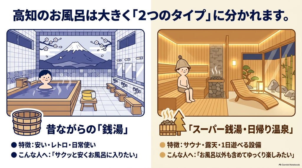 昔ながらの「銭湯」（富士山のタイル画がある浴室のイラスト）と、「スーパー銭湯・日帰り温泉」（サウナや露天風呂のイラスト）の2タイプの特徴を比較した図解スライド。