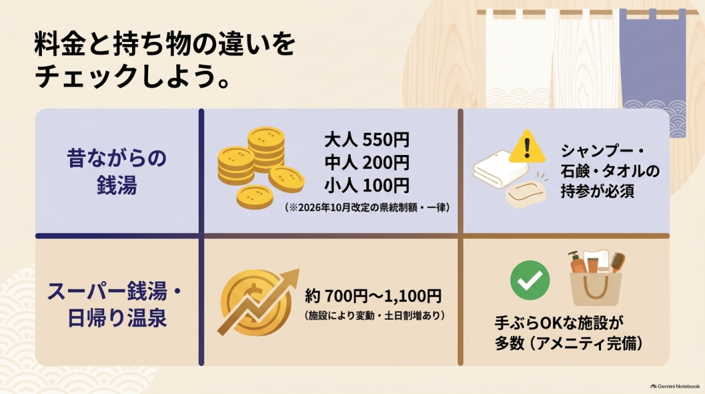 昔ながらの銭湯（大人550円、シャンプー等持参必須）とスーパー銭湯・日帰り温泉（約700〜1,100円、手ぶらOK）の違いをまとめた比較表スライド。
