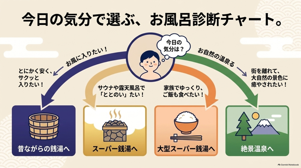 「今日の気分は？」から始まり、「安く入りたい」「サウナでととのいたい」「自然に癒やされたい」などの目的に応じて最適な施設を選ぶための診断チャートスライド。