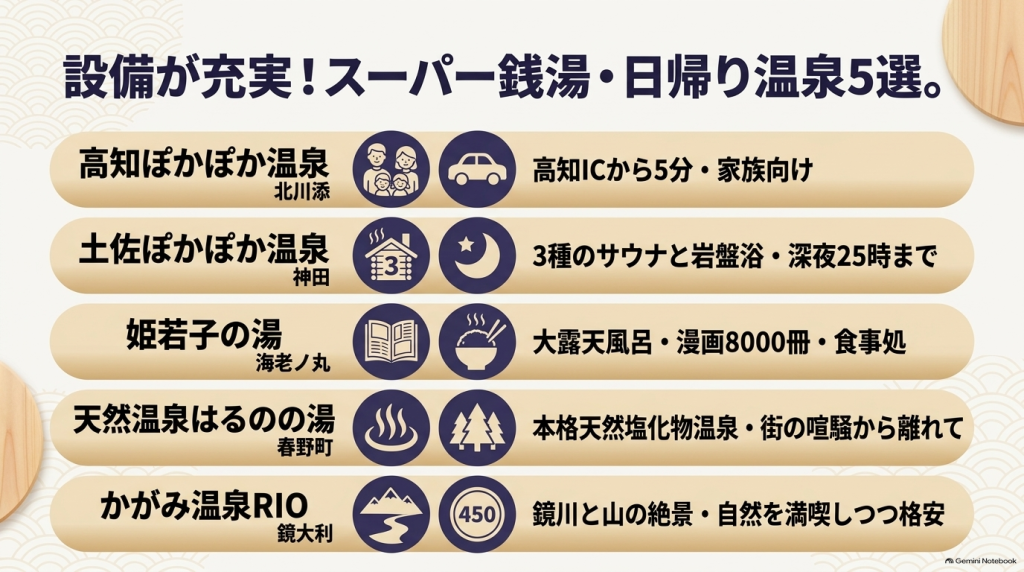 高知ぽかぽか温泉、土佐ぽかぽか温泉、姫若子の湯、天然温泉はるのの湯、かがみ温泉RIOの5施設のアイコンや特徴がひと目でわかるまとめスライド。