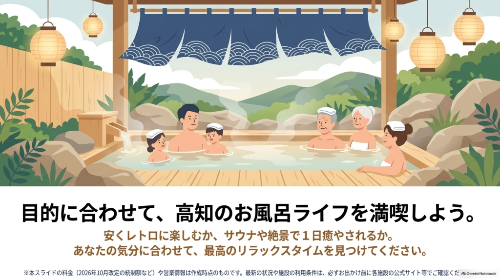 露天風呂でリラックスする家族や高齢者のイラストとともに、「安くレトロに楽しむか、サウナや絶景で1日癒やされるか」と呼びかけるまとめのビジュアルスライド。