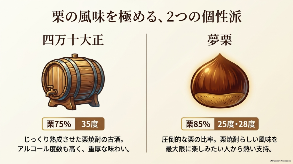 熟成古酒の「四万十大正（75%・35度）」と、高比率の「夢栗（85%・25/28度）」の特徴を解説したスライド