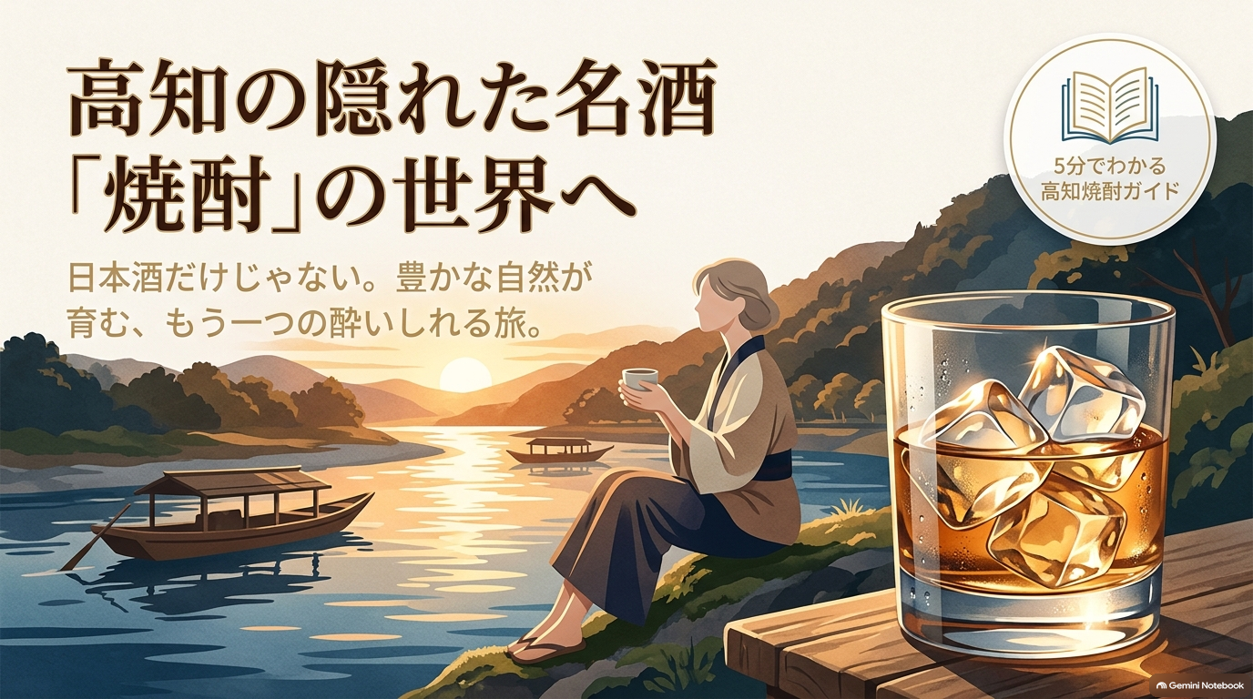 「高知の隠れた名酒『焼酎』の世界へ。日本酒だけじゃない、豊かな自然が育むもう一つの酔いしれる旅を伝えるスライドの表紙」